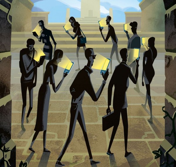 People watching cellphones walking