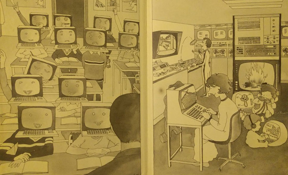 Students with monitor heads in a classroom