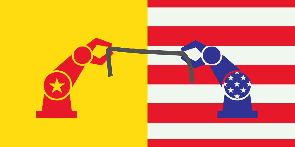 Robots from us and China pulling a cord