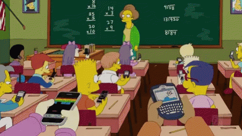 Simpsons students with cell phones in classroom